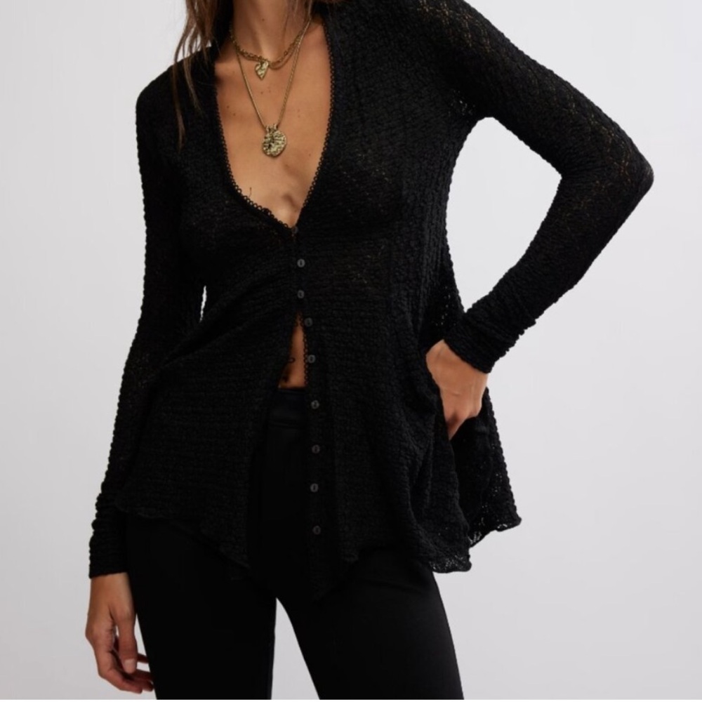 NWT Free People Black Lace Button-Up Blouse